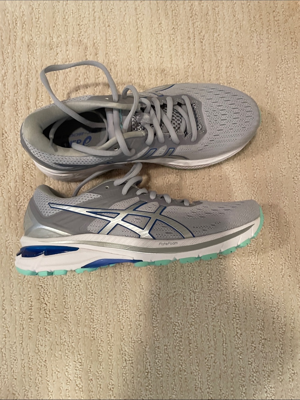 ASICS Light Gray Running Shoes with Blue & Mint Accents